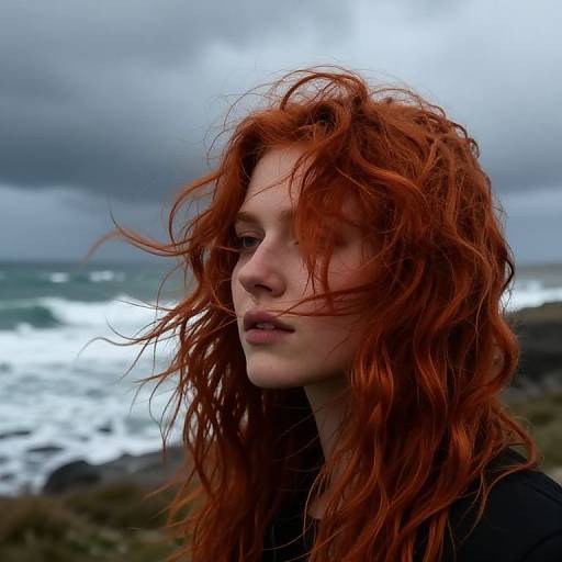 Fiery Red Hair on Stormy Coastline