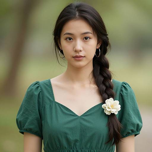Photograph of a young Asian woman with long black hair in a braid, wearing a green dress with white flower, standing in a blurred green outdoor