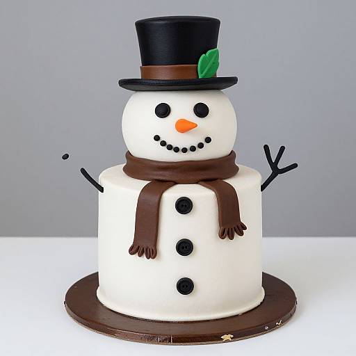 Photograph of a two-tiered white cake decorated as a snowman with black top hat, orange carrot nose, brown scarf, black buttons, and
