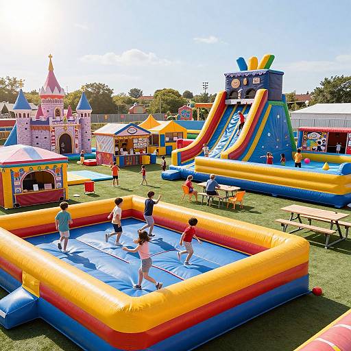 Photograph of a sunny outdoor children's playground with colorful inflatable bounce houses, castle play structures, and kids playing on the inflatables.