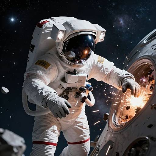 Astronaut in white spacesuit with reflective helmet, floating in space, sparks flying from damaged spacecraft window, against a starry background. Digital illustration