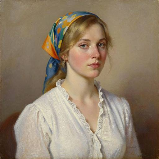 Photorealistic painting of a young Caucasian woman with fair skin, light brown hair, blue eyes, wearing a white blouse and colorful headscarf,