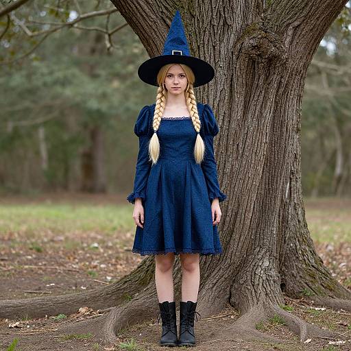 Photograph of a blonde woman with braided hair, wearing a blue witch hat, dress, and boots, standing in front of a large tree in