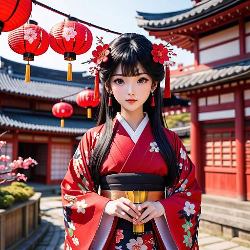 Digital art of an elegant Japanese woman in a red floral kimono with black obi, black hair adorned with red flowers, standing in a traditional Japanese