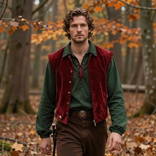 Man in Medieval Outfit in Autumn Forest