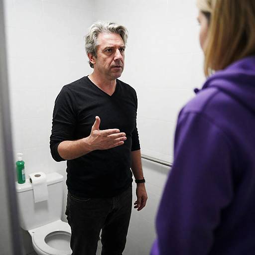 Serious Conversation in Tiled Bathroom