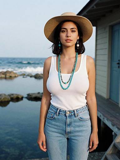 Photograph of a confident woman with olive skin, wearing a white tank top, blue jeans, turquoise bead necklace, and straw hat, standing by a