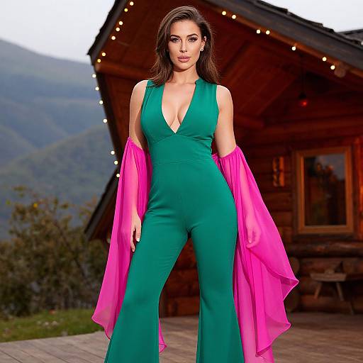 Photograph of a confident woman with long dark hair, wearing a deep V-neck green jumpsuit and pink sheer sleeves, standing in front of a wooden