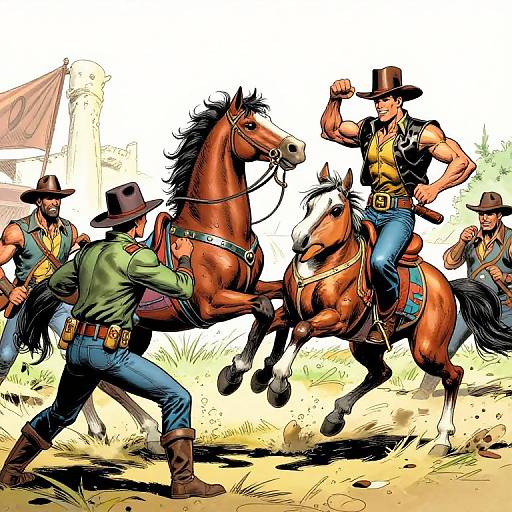 Dynamic comic-style illustration of muscular cowboys in hats and vests, riding rearing brown horses, engaged in a fierce showdown in a sunlit grassy