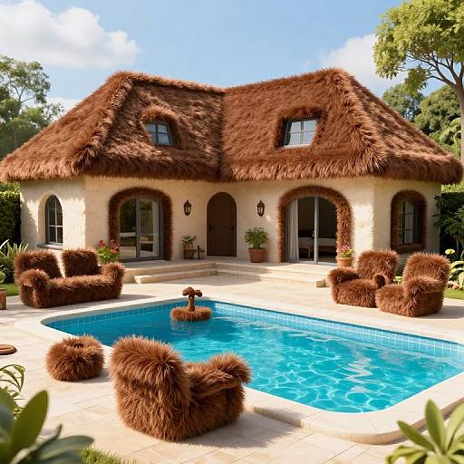 Photorealistic image of a rustic, thatched-roof house with arched windows, surrounded by a blue-tiled pool and fur-covered lounge chairs