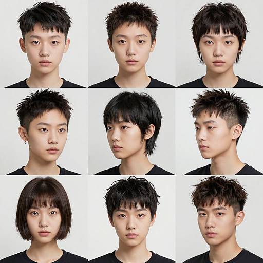 Photograph of nine Asian male headshots with various black hairstyles, including spiky, straight, and layered, all wearing black shirts against a white background