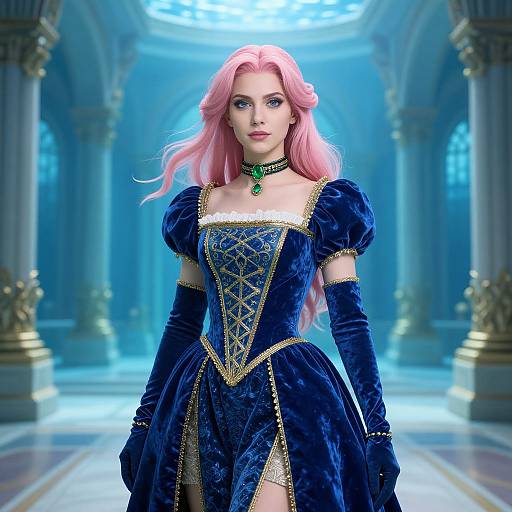 Digital artwork of a pink-haired woman in a blue velvet gown with gold trim and lace, wearing gloves and a green gemstone choker, standing in