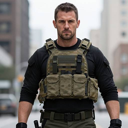 Photograph of a muscular, bearded man with short dark hair, wearing a camo tactical vest, black long-sleeve shirt, and gloves