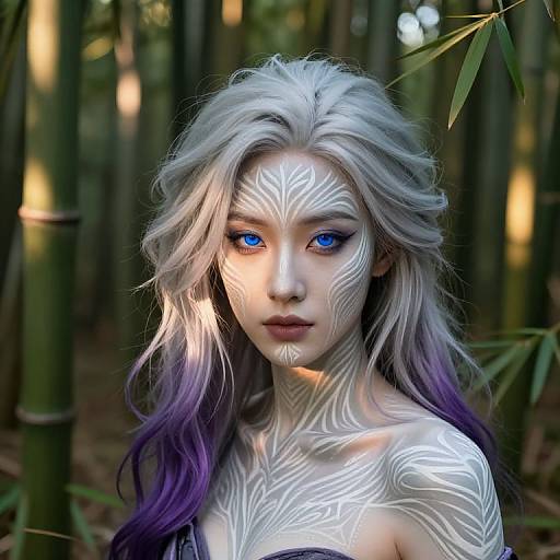 Digital artwork of a pale-skinned woman with striking blue eyes and long, silver-to-purple hair, adorned with intricate white tribal patterns, standing in a