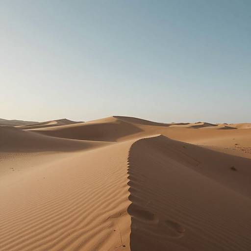 Photograph of a vast, sunlit desert with rippled sand dunes under a clear blue sky, casting long shadows along a winding ridge.