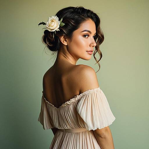 Woman in Pale Blush Bohemian Dress with White Rose Hair Accessory