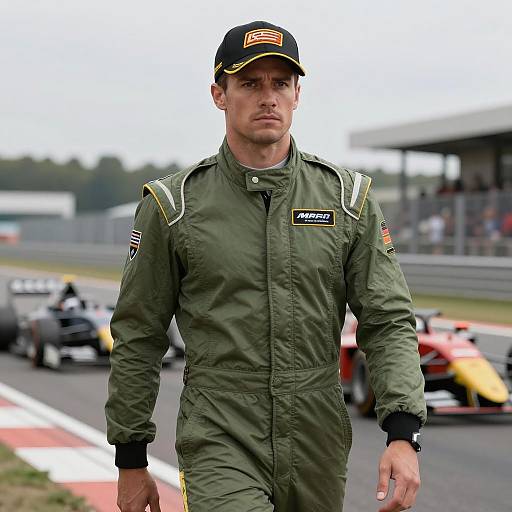 Man in Olive Green Racing Jumpsuit on Track