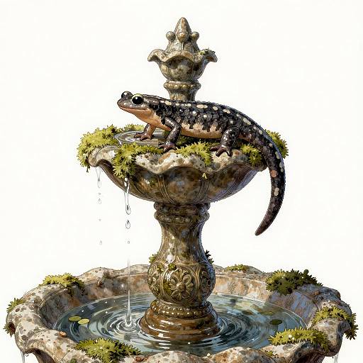 Digital illustration of a detailed, ornate stone fountain with a green, spotted lizard perched on top, surrounded by water and moss.