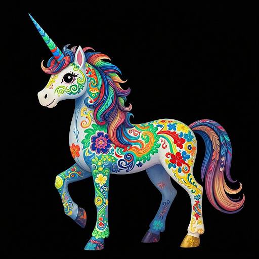 Vibrant digital illustration of a unicorn with colorful floral and swirl patterns on its white body, standing against a black background.