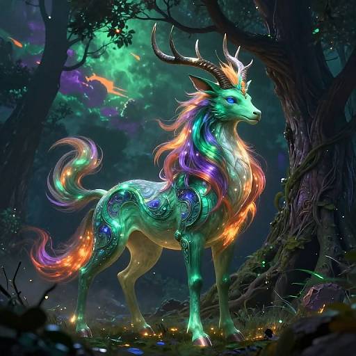 Digital fantasy artwork of a glowing, iridescent, unicorn-like creature with vibrant, rainbow mane and antlers, standing in a mystical, neon-l