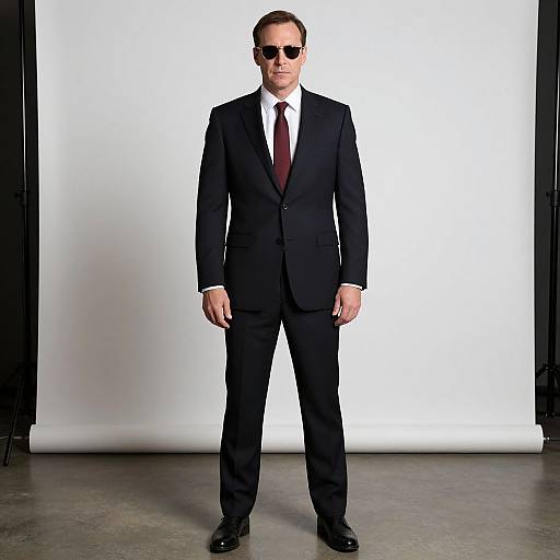 Photograph of a serious, white male with short brown hair, wearing a black suit, white shirt, maroon tie, and black sunglasses, standing
