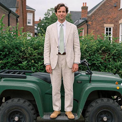 Photograph of a Caucasian man with curly brown hair, wearing a cream suit, white shirt, green tie, and tan shoes, standing in front of