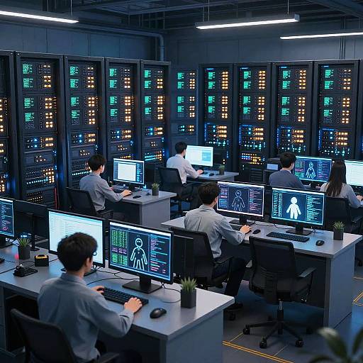 Photograph of a modern control room with six technicians, diverse genders, in grey shirts, monitoring illuminated blue and yellow computer screens.