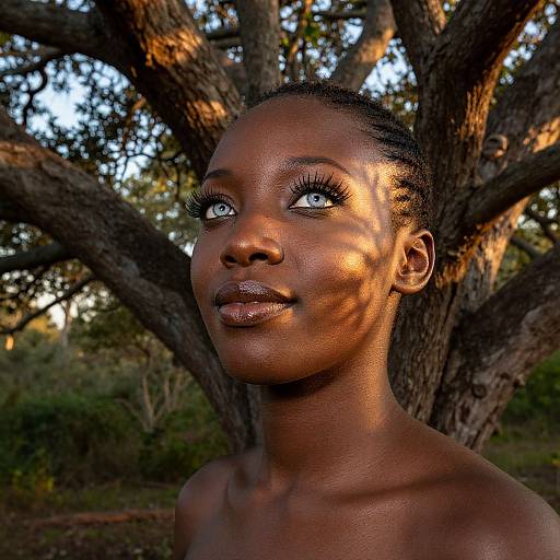 Photograph of a dark-skinned woman with striking blue eyes, glossy lips, and braided hair, illuminated by tree shadows in a sunlit forest