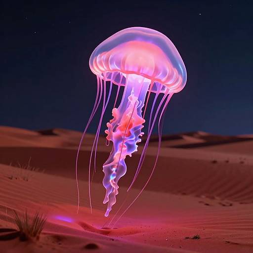 Photograph of a glowing pink and purple jellyfish floating above red sandy dunes at night, with long, translucent tentacles gently swaying.