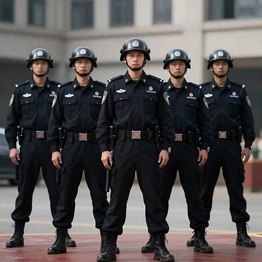 Dramatic Row of Helmeted Police Officers