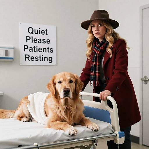 Woman with Golden Retriever in Hospital Room