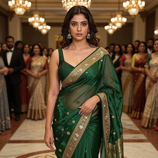 Photograph of a confident Indian woman with dark hair, wearing a green saree with gold embroidery, walking a fashion show runway, surrounded by other women