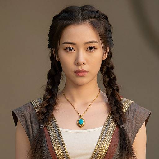 Photograph of an East Asian woman with braided black hair, wearing a sleeveless gray dress with gold trim and a turquoise pendant necklace, against a