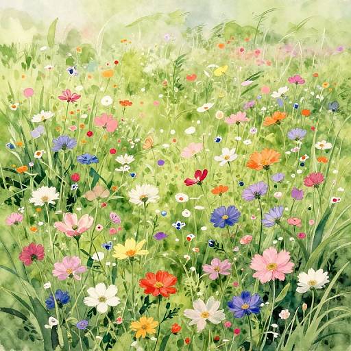 Vibrant digital painting of a lush, sunlit meadow filled with colorful wildflowers, including pink, blue, orange, and white blossoms