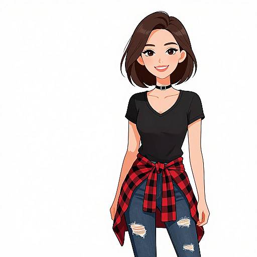 Digital anime-style drawing of a smiling young woman with short brown hair, black V-neck shirt, red plaid shirt tied around waist, and ripped blue