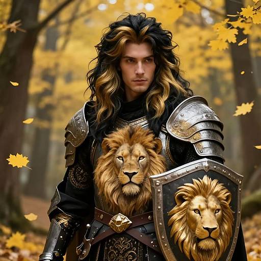 Photorealistic digital artwork of a muscular, long-haired warrior with a lion emblem on his armor and shield, standing in a golden autumn forest.