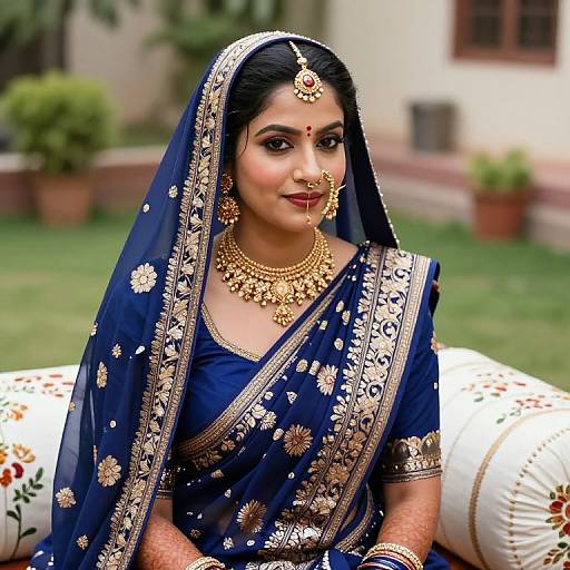 Photograph of an Indian bride in a blue saree with gold embroidery, wearing traditional jewelry, seated outdoors on a floral-patterned cushion.