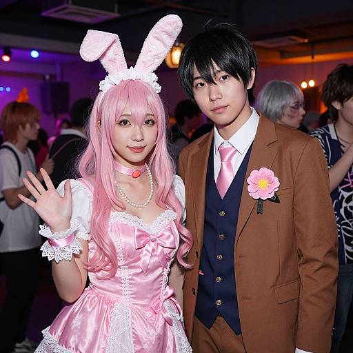 Photograph of an Asian couple at a cosplay event; the woman with pink hair and bunny ears wears a pink satin dress, the man in a brown