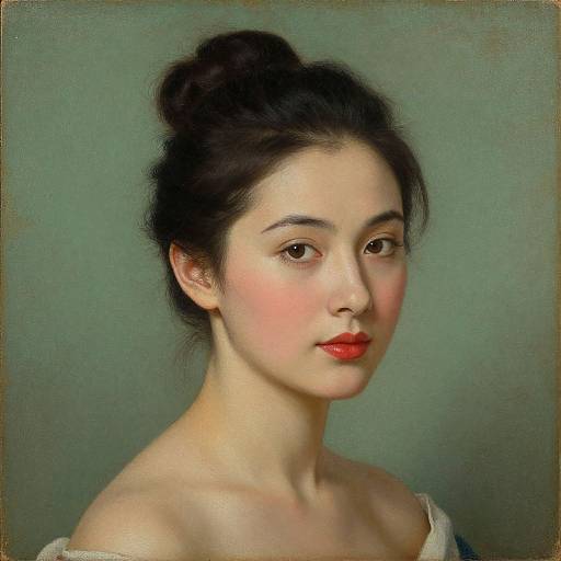 Portrait of an Asian woman with fair skin, black hair in a bun, red lips, and bare shoulders, against a green background. Realistic digital