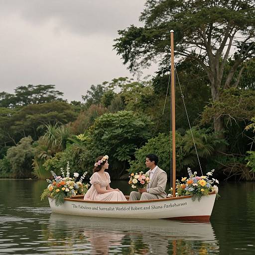Photograph of a bride and groom in a decorated boat on a tranquil lake, surrounded by lush greenery, wearing white attire with floral crowns.