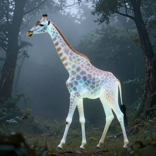 Luminous Translucent Giraffe in Misty Forest