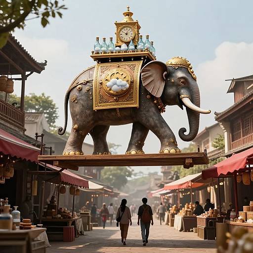 Photograph of a giant, ornate, clock-adorned elephant statue on a street cart in a bustling, sunlit Asian market, with two