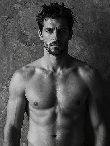 Black-and-white photograph of a muscular, shirtless man with dark, spiky hair and stubble, standing against a textured gray background, staring int