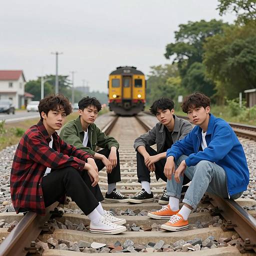 Teenagers Sitting on Railway Tracks with Approaching Train