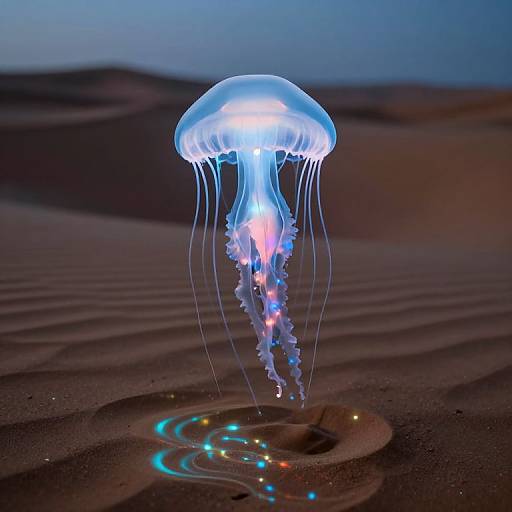 Photograph of a glowing blue jellyfish with long, translucent tentacles and colorful lights, floating above a sandy desert at dusk.