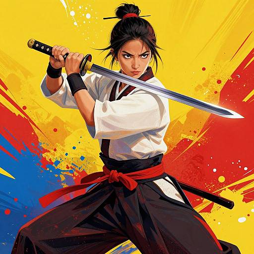 Dynamic anime-style illustration of a fierce, dark-haired woman in a white gi and black belt, holding a katana, set against a vibrant yellow,