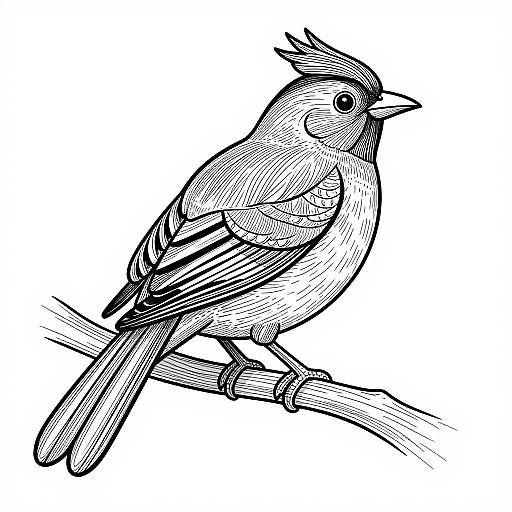 Black-and-white ink drawing of a perched bird with detailed line work, showcasing feathers, tail, and small beak, perched on a branch