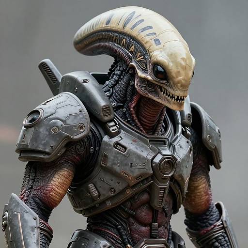 Photorealistic CGI of a humanoid alien with a metallic, segmented helmet, black armor, and exposed, textured, red and black skin.