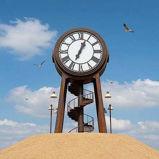 Photograph of a large, black, clock tower with Roman numerals, spiral staircase, and lamp posts on a sandy hill, under a bright blue
