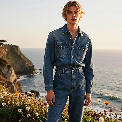 Androgynous Model in Denim on Coastal Cliffside